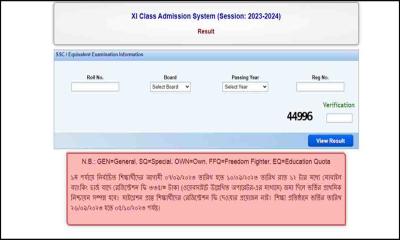 একাদশে ভর্তির প্রথম ধাপের ফল প্রকাশ