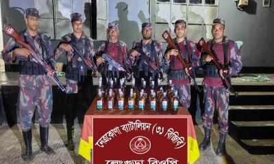 কলমাকান্দায় পৃথক অভিযানে ৬৫ বোতল ভারতীয় মদ জব্দ করেছে বিজিবি